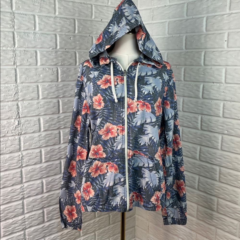 HOLLISTER JACKET LIGHTWEIGHT COTTON ZIP UP HOODIE TROPICAL PRINT SZ MED